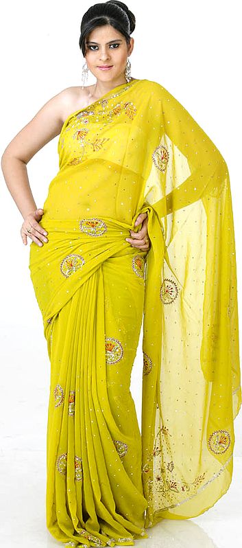 Pear-Colored Sari with All-Over Sequins and Threadwork