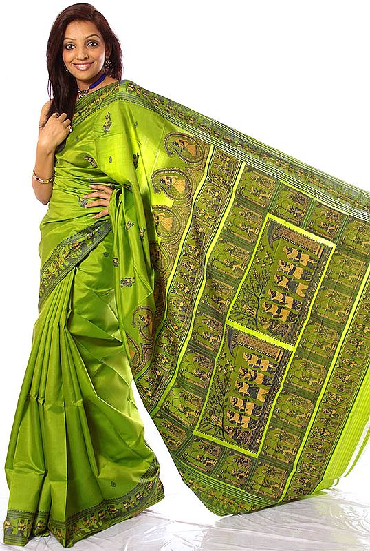 Pear-Green Baluchari Sari from Kolkata Depicting Exile of the Pandavas