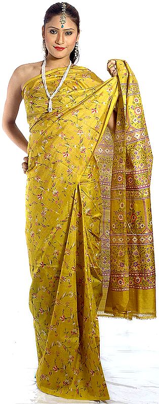 Pear-Green Floral-Printed Sari from Kolkata