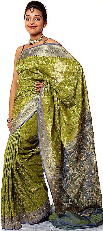 Pear-Green Jamdani Banarasi Sari with Jaal Weave and Beadwork