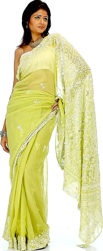 Pear-Green Lukhnavi Chikan Sari with Sequins