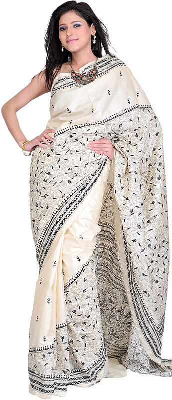 Pearled-Ivory and Black Kantha Embroidered Sari from Kolkata