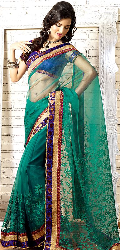 Pecock-Green See-Through Sari with All-Over Woven Leaves and Patch Border