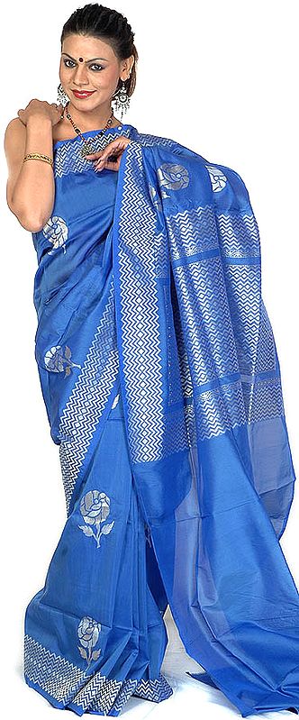 Persian Blue Banarasi Sari with Flowers Woven in Silver Thread