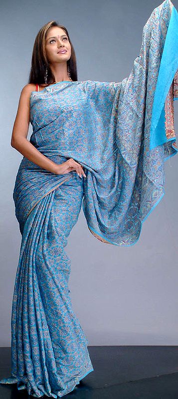 Persian Blue Chiffon Sari with All-Over Weave