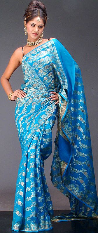 Persian Blue Chiffon Sari with Jacquard Weave