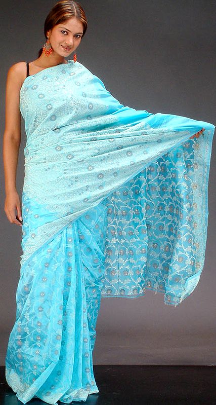Persian-Blue Banarasi Sari with All-Over Thread Weave