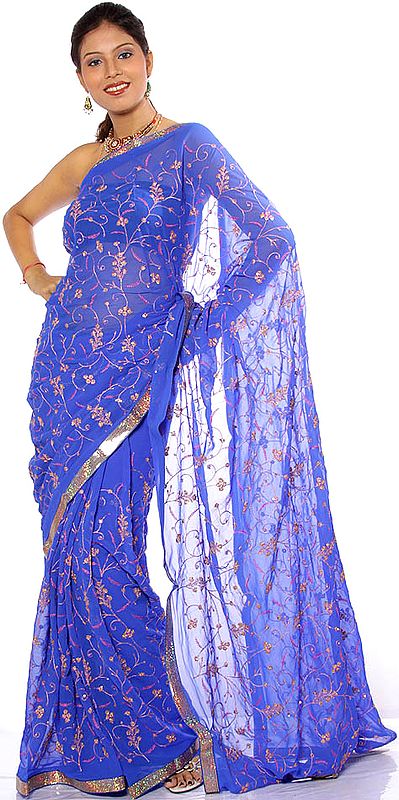 Persian-Blue Sari with All-Over Jaal Embroidery