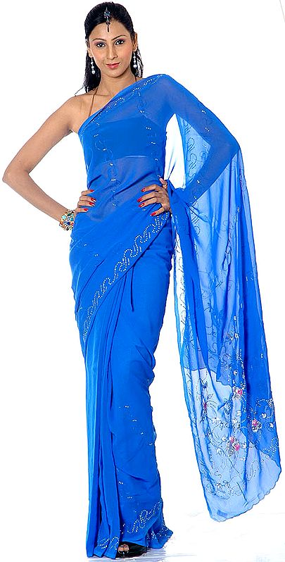 Persian-Blue Sari with Sequins and Beadwork