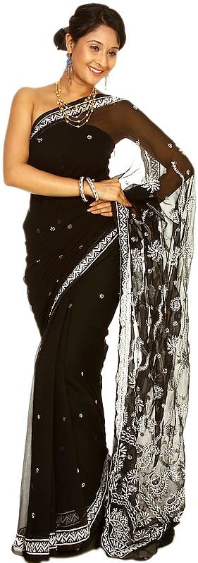 Phantom-Black Sari with Lukhnavi Chikan Embroidery in White Thread