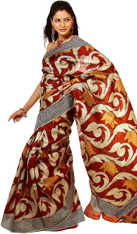 Picante Printed Sari from Bangalore with Sequins and Kantha Stitched Embroidery By Hand