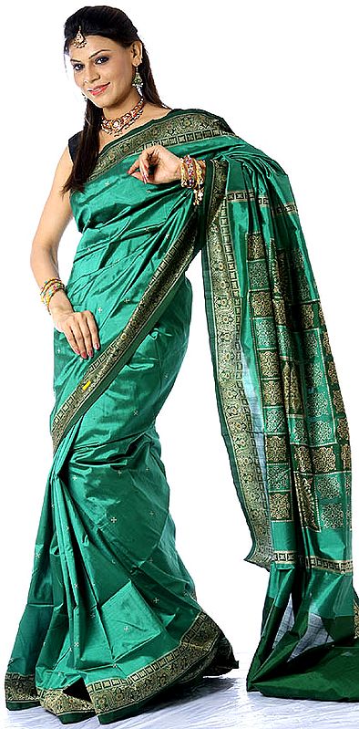 Pigment-Green Bomkai Sari with Box Pallu Hand-Woven in Orissa