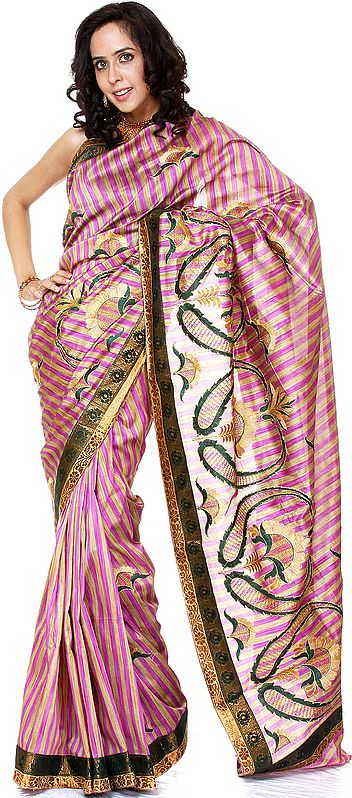 Pink and Beige Banarasi Sari with Aari Embroidery and Patch Border