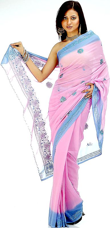Pink and Blue Georgette Sari with Sequins and Embroidery