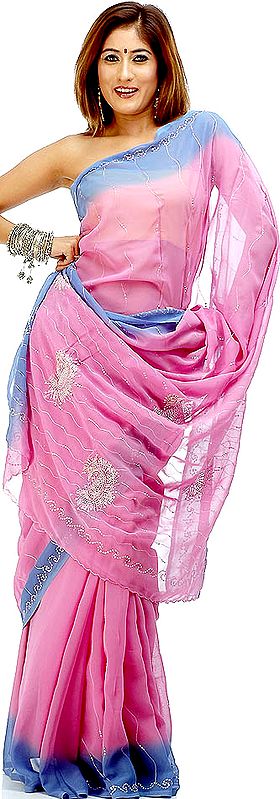 Pink and Blue Georgette Sari with Sequins and Embroidery