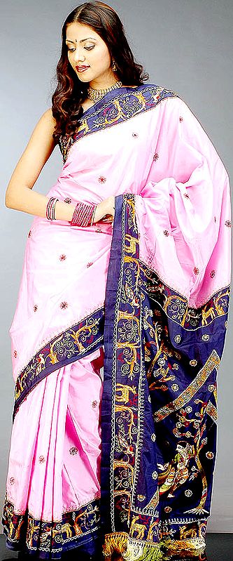 Pink and Blue Sari with Kantha Stitch Embroidery