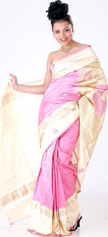 Pink and Cream Sari with Golden Bootis Hand-woven in Coimbatore