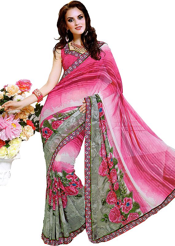 Pink and Gray sari with Printed Flowers and Embroidered Patch Border