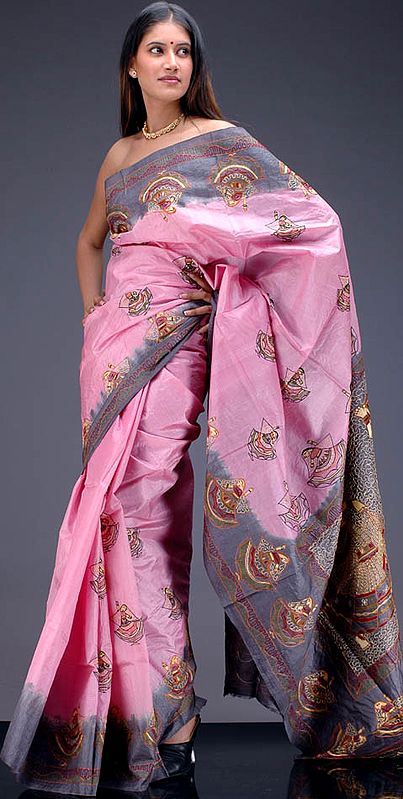 Pink and Gray Tussar Silk Sari with Kantha Stitch