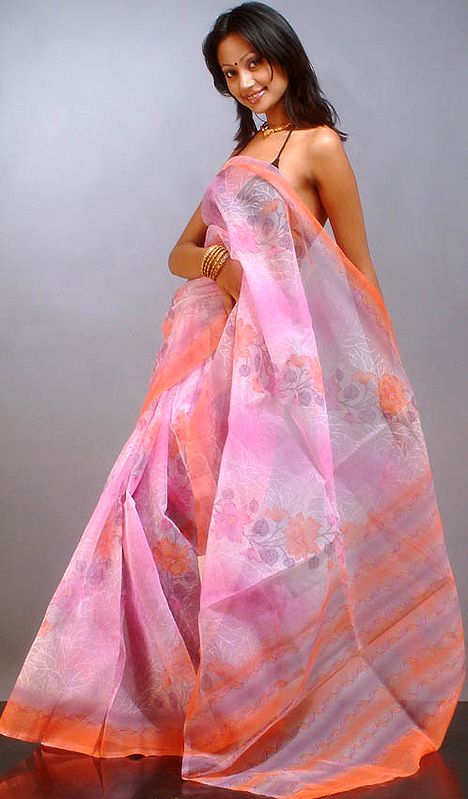 Pink and Orange Organza Sari