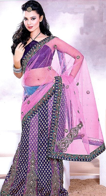 Pink and Purple Wedding Lehenga-Sari with All-Over Metallic Thread Embroidery, Beads and Sequins