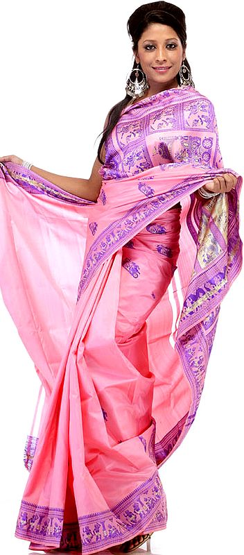 Pink Baluchari Sari Depicting an Episode from the Mahabharata