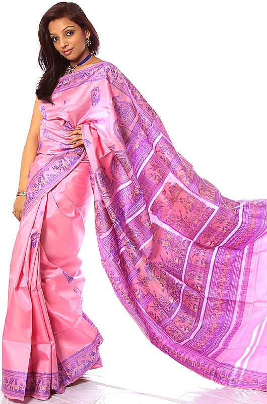 Pink Baluchari Sari from Kolkata with Scenes from the Mahabharata
