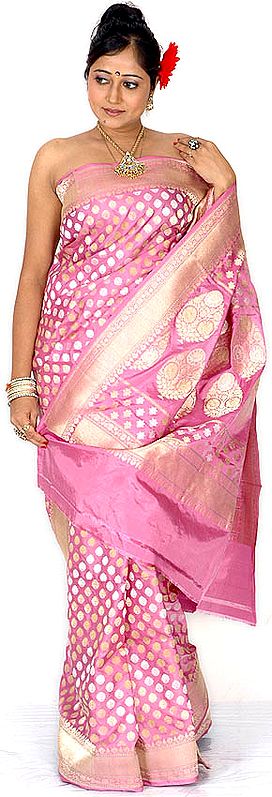Pink Banarasi Sari with All-Over Hand-woven Bootis in Silver and Golden Thread