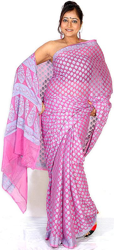 Pink Banarasi Sari with All-Over Woven Flowers