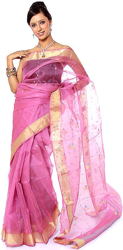 Pink Chanderi Sari with Wide Golden Border