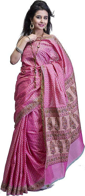 Pink Handllom Banarasi Sari with Woven Flowers on Border and Anchal