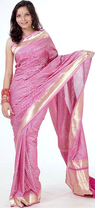 Pink Hand-Woven Banarasi Sari with All-Over Golden Bootis