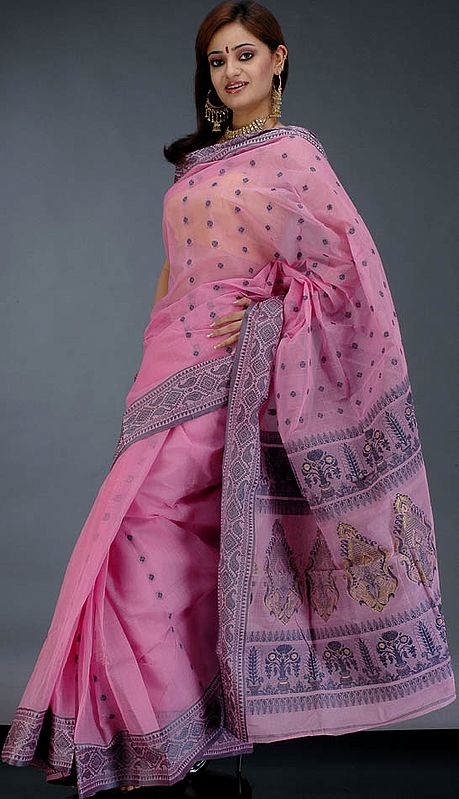 Pink Handwoven Bengal Sari with Jacquard Weave