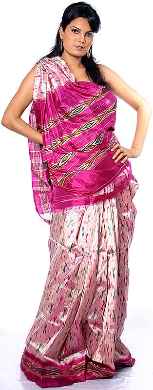 Pink Ikat Sari Hand-woven in Pochampally Village