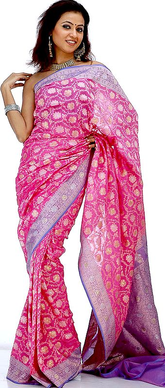 Pink Jamdani Tanchoi Sari with All-Over Dense Floral Weave