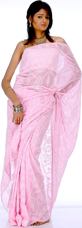 Pink Lukhnavi Chikan Sari