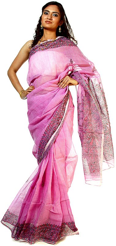 Pink Madhubani Folk Sari with Hand-Painted Birds and Flowers