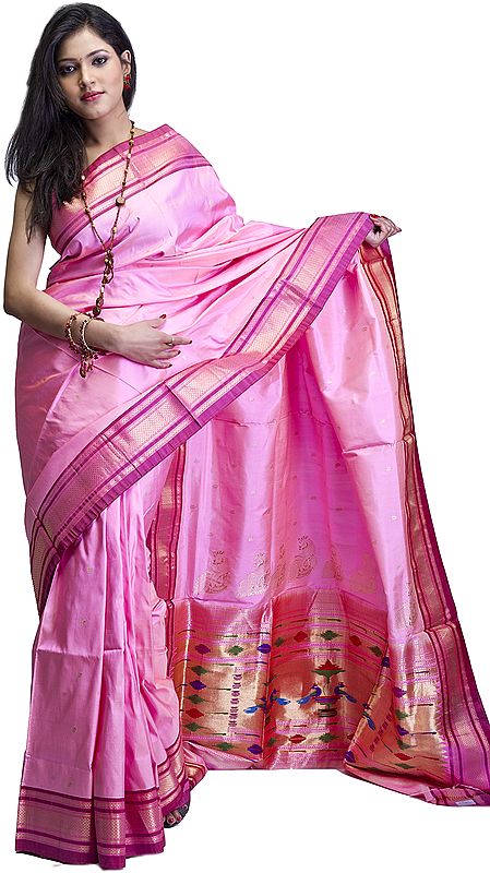Pink Paithani Handloom Sari with Zari Thread Woven Peacocks on Anchal