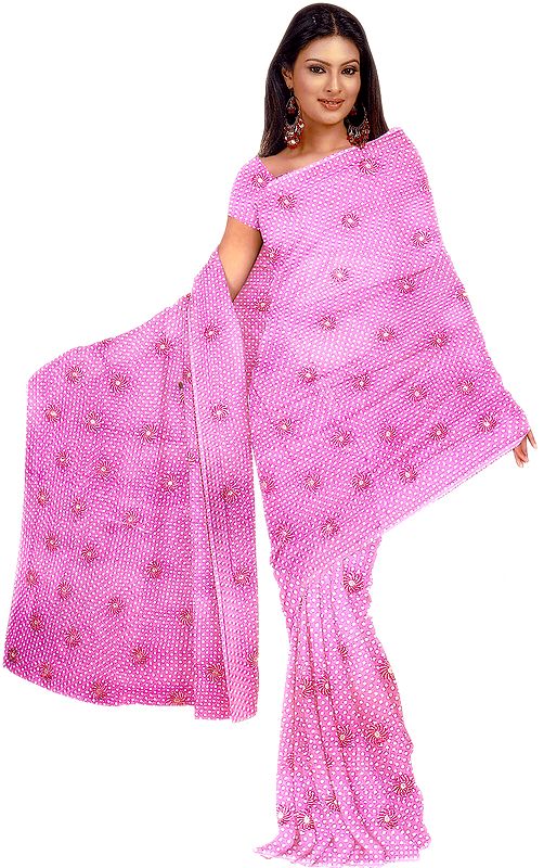 Pink Polka Dot Printed Sari with Sequins and Thread Embroidered Flowers