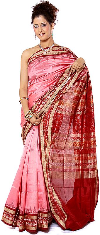 Pink Sambhalpuri Sari with Ikat Weave on Anchal and Border