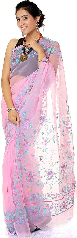 Pink Sari from Mysore with Crewel Embroidered Flowers