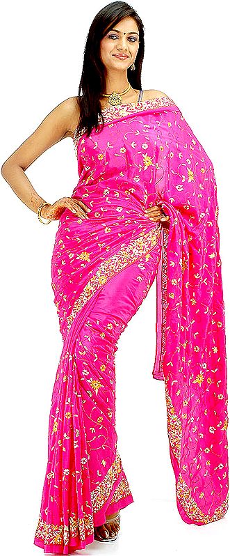Pink Sari with All-Over Persian Embroidery