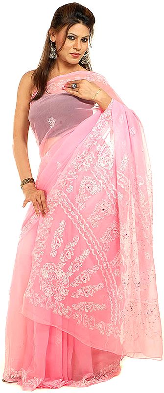 Pink Sari with Lukhnavi Chikan Embroidery and Beadwork