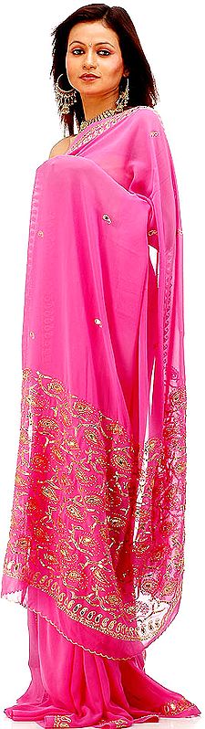 Pink Sari with Sequins and Threadwork