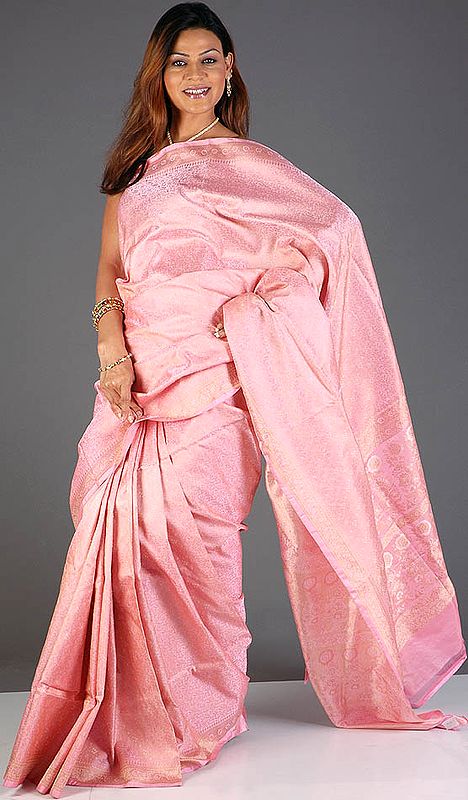 Pink Tanchoi Sari with All-Over Weave