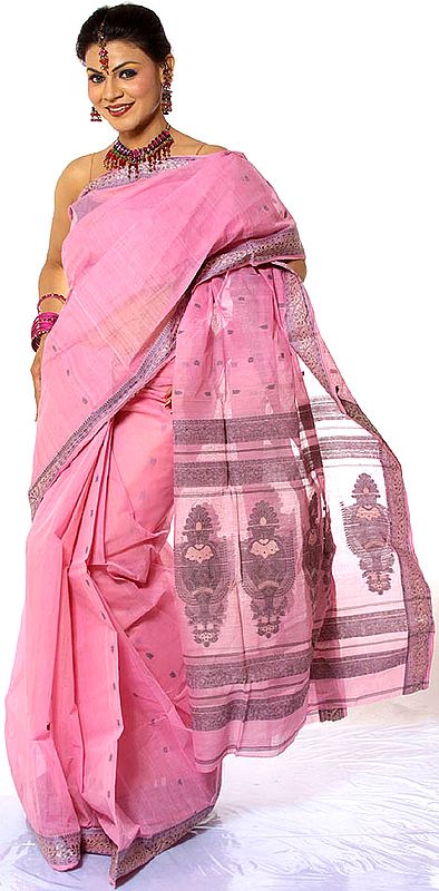 Pink Tengail Sari from Kolkata with Woven Bootis