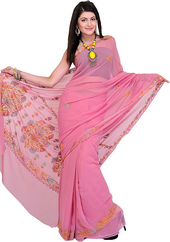 Pink-Flambe Sari from Kashmir with Aari Embroidered Flowers