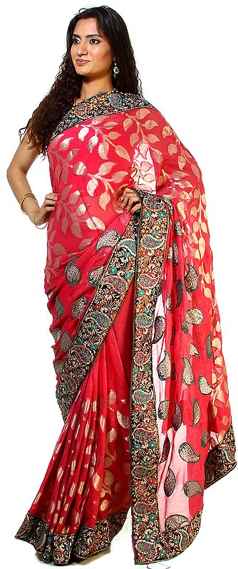 Pink-Flambe Shimmer Sari with Patch Paisley Border and Woven Leaves