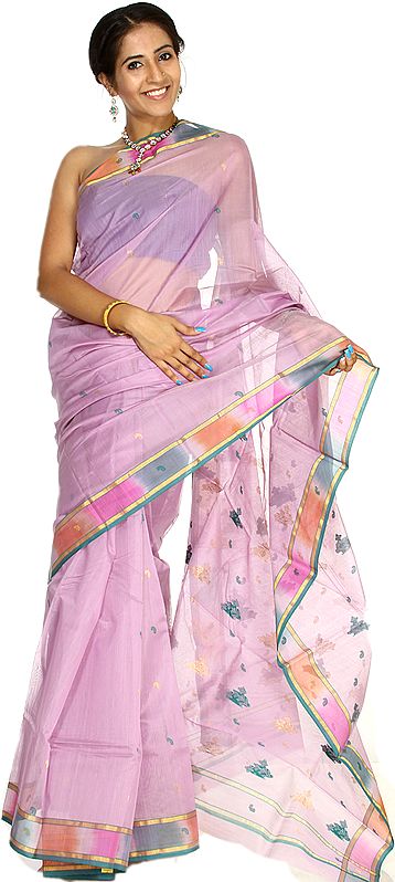 Pink-Lavender Chanderi Sari with Woven Multi-Color Border