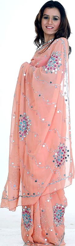 Pink-Orange Sari with Large Sequins and Beads All-Over